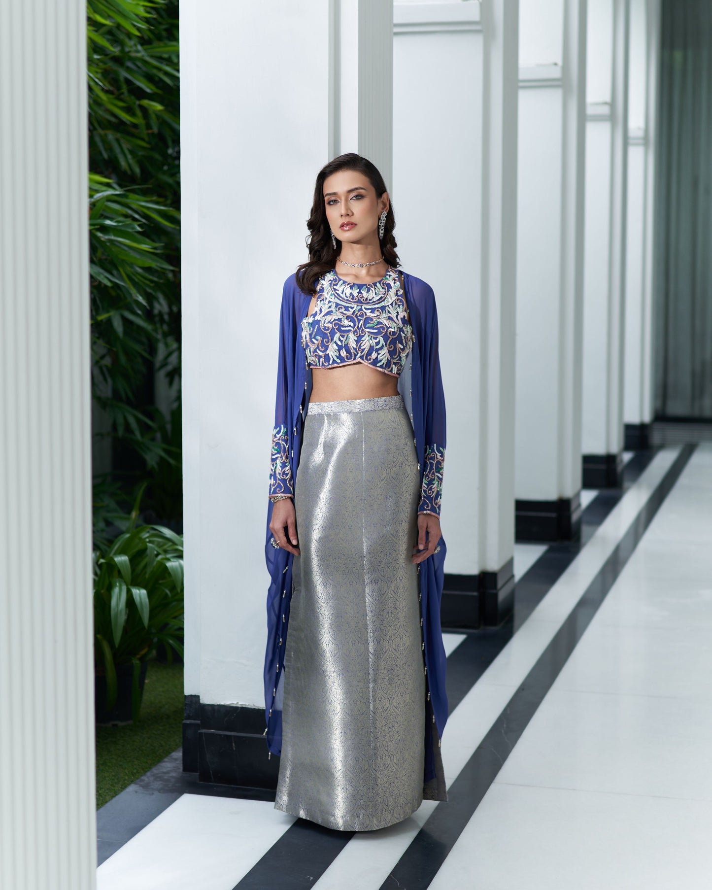 Halter Neck Blouse With Cape And Pencil Skirt