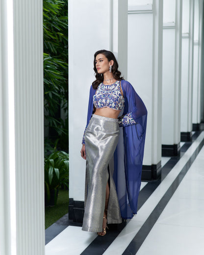 Halter Neck Blouse With Cape And Pencil Skirt