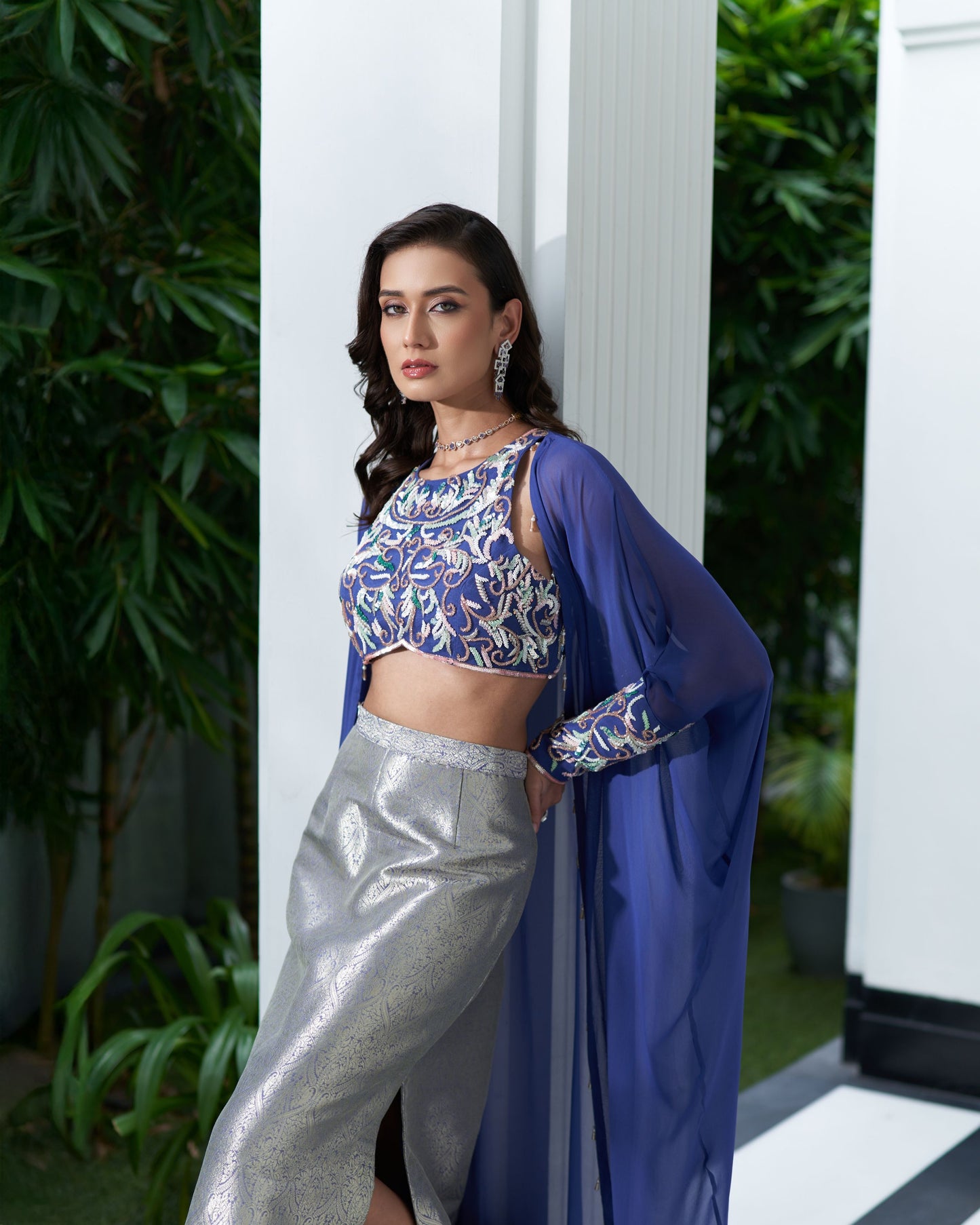 Halter Neck Blouse With Cape And Pencil Skirt