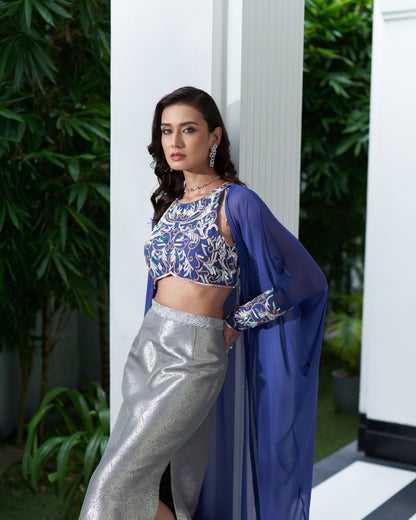 Halter Neck Blouse With Cape And Pencil Skirt