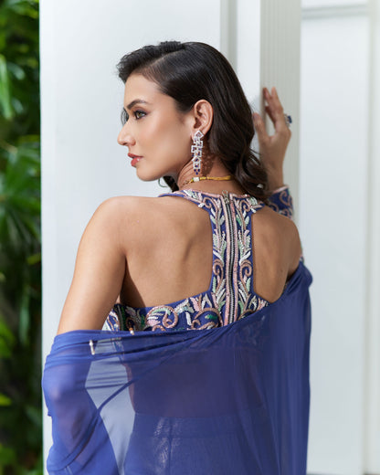 Halter Neck Blouse With Cape And Pencil Skirt