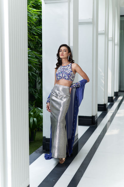 Halter Neck Blouse With Cape And Pencil Skirt