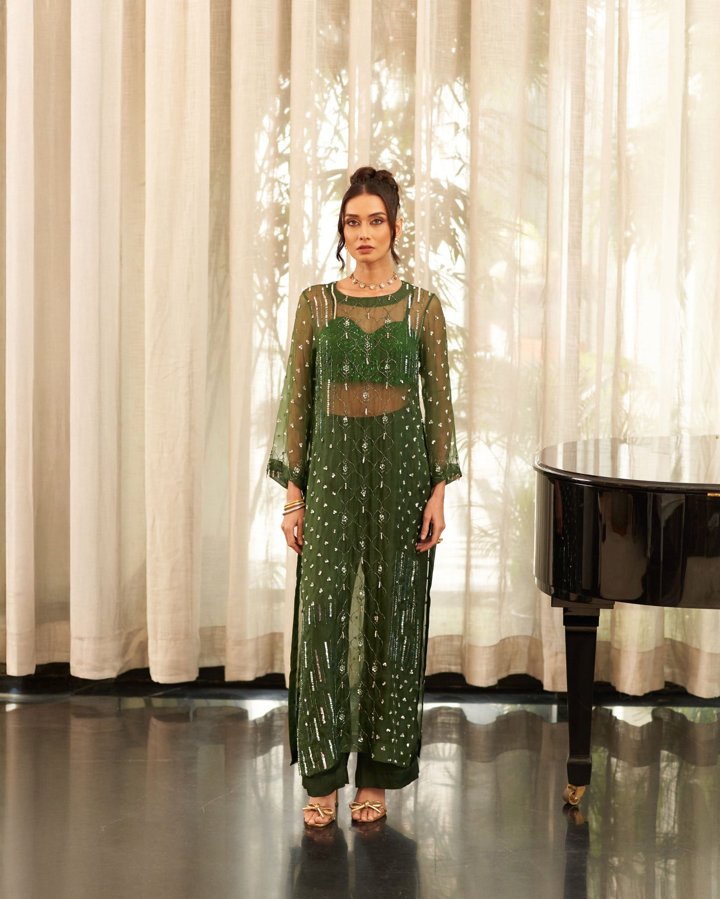 High Slits Long Shirt With Bustier And Pants