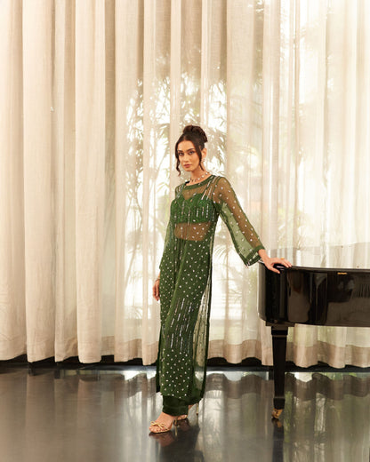 High Slits Long Shirt With Bustier And Pants